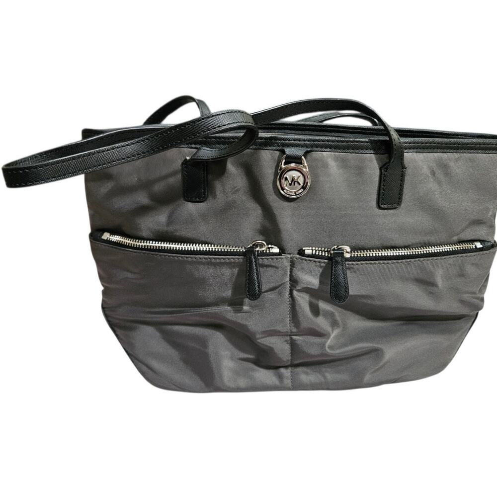​MICHAEL MICHAEL KORS Grey Nylon Black Saffiano Leather Trim Shoulder Bag
